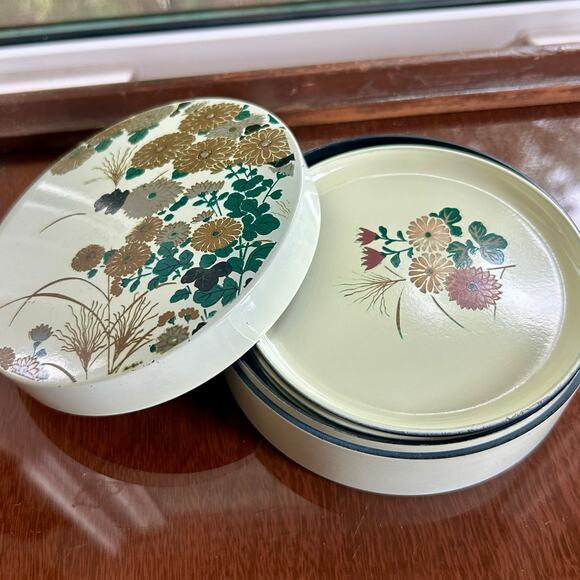Vintage Otagiri Original Japan Lacquerware Coaster Set with 6 Floral Coasters - Picture 1 of 10